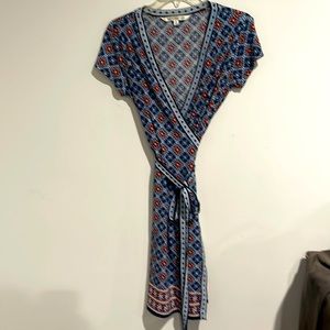 Blue printed wrap dress.